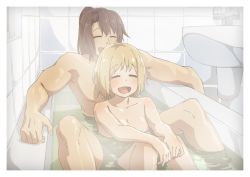 Rule 34 | 1boy, 1girl, :d, bath, bathing, bathtub, blonde hair, breasts, brown hair, closed eyes, commander (girls&#039; frontline), commission, girls&#039; frontline, happy, highres, long hair, md5 mismatch, mixed-sex bathing, mp40 (girls&#039; frontline), nude, open mouth, partially submerged, pixiv commission, ponytail, resolution mismatch, same-sex bathing, shared bathing, short hair, sink, smile, source smaller, tile wall, tiles, triangle bullet, water