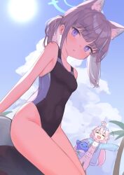 Rule 34 | 2girls, absurdres, ahoge, animal ear fluff, animal ears, bikini, blue archive, blue eyes, blue sky, blush, breasts, closed eyes, cloud, competition swimsuit, cross hair ornament, crossed legs, day, eyewear on head, grey hair, hair ornament, halo, highres, holding, hoshino (blue archive), hoshino (swimsuit) (blue archive), jacket, klaius, long hair, looking at viewer, mismatched pupils, multiple girls, one-piece swimsuit, open clothes, open jacket, open mouth, outdoors, parted lips, pink hair, ponytail, shiroko (blue archive), shiroko (swimsuit) (blue archive), sitting, sky, small breasts, sunglasses, swimsuit, twintails, white bikini