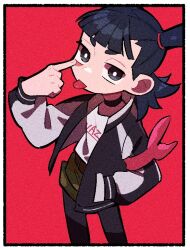 1boy akanbe black_jacket black_pantyhose border cowboy_shot eyelid_pull green_shorts hand_up index_finger_raised jacket looking_at_viewer luo_xiaohei_zhanji nezha_(the_legend_of_luoxiaohei) nploser pantyhose red_background shirt shorts simple_background solo tongue tongue_out white_border white_shirt