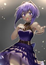 Rule 34 | 1girl, :d, bare shoulders, black hairband, blush, breasts, commentary request, dark-skinned female, dark skin, dress, fate/grand order, fate (series), hairband, hassan of serenity (fate), long dress, medium breasts, mizumok1, open mouth, outstretched hand, purple dress, purple eyes, purple hair, short hair, smile, solo