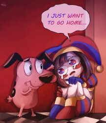 Rule 34 | 1boy, 1girl, artist logo, artist name, blue eyes, blue footwear, blue gloves, blush stickers, brown hair, checkered floor, colored skin, commentary, courage (character), courage the cowardly dog, crossover, crying, crying with eyes open, english commentary, english text, gloves, hat, headpat, highres, looking at another, open mouth, pink fur, pomni (the amazing digital circus), red eyes, red footwear, red gloves, scruffyart, sitting, speech bubble, spots, striped clothes, striped headwear, tears, teeth, the amazing digital circus, trait connection, two-tone bodysuit, two-tone eyes, two-tone footwear, two-tone gloves, two-tone hat, vertical-striped clothes, vertical-striped headwear, white skin