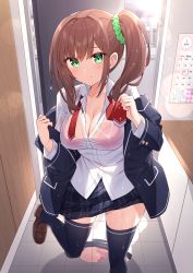 Rule 34 | 1girl, black skirt, blue jacket, blush, bra, breasts, brown hair, calendar (object), closed mouth, green eyes, hair ornament, hairband, highres, holding, horse tail, indoors, jacket, long sleeves, looking at viewer, medium breasts, medium hair, moe2021, open clothes, open jacket, open shirt, original, pink bra, puddle, see-through, shirt, skirt, smile, solo, t@ke-g, tail, thighhighs, underwear, uniform, wet, wet clothes, wet shirt, wet skirt, white shirt