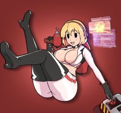 Rule 34 | 1girl, ?, ??, ass, blonde hair, boots, breasts, choker, cosplay, curvy, destruction, explosion, fallout (series), fallout 4, gloves, gun, hologram, holographic monitor, huge ass, large breasts, nuka girl, nuka girl (cosplay), pants, short hair, skindentation, snowbox, solo, spacesuit, thick thighs, thigh boots, thighhighs, thighs, tight clothes, tight pants, vault girl, vault meat, weapon, white pants