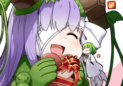 Rule 34 | 2girls, blush, cheek-to-cheek, closed eyes, fate (series), giant, giantess, gift, green hair, heads together, kingprotea (fate), multiple girls, open mouth, purple hair, smile