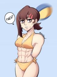 Rule 34 | 1girl, abs, absurdres, alternate costume, ball, bikini, breasts, brown hair, chainsaw man, embarrassed, female focus, higashiyama kobeni, highres, kermittend, large breasts, looking at viewer, muscular, muscular female, pants, shirt, short hair, solo, source request, speech bubble, spots, sweat, swimsuit, volleyball, volleyball (object)