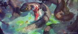 Rule 34 | 1girl, akumi (yoclesh), animal, bikini, black bikini, breasts, cleavage, colored skin, commentary, cutesexyrobutts, english commentary, giant snake, hair between eyes, highres, horns, large breasts, long hair, looking at viewer, oni, oni horns, oversized animal, partially submerged, patreon username, pointy ears, red horns, red skin, reptile, snake, solo, swimsuit, very long hair, virtual youtuber, vyugen, water, white hair, yellow eyes