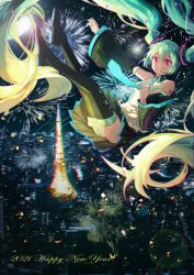 Rule 34 | 1girl, 2021, absurdly long hair, absurdres, aerial fireworks, aisarenakute mo kimi ga iru (vocaloid), aqua hair, aqua nails, aqua necktie, bare shoulders, black skirt, black sleeves, black thighhighs, boots, chromatic aberration, cityscape, commentary, detached sleeves, dissolving, falling, fireworks, gradient hair, grin, hair ornament, hand on own chest, happy new year, hatsune miku, highres, huge filesize, long hair, miniskirt, multicolored hair, nail polish, necktie, new year, night, outstretched arm, pink eyes, pleated skirt, rollisy, shirt, shoulder tattoo, skirt, sleeveless, sleeveless shirt, smile, solo, tattoo, thigh boots, thighhighs, tower, twintails, very long hair, vocaloid, white shirt, zettai ryouiki