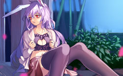 Rule 34 | 1girl, animal ears, bamboo, breasts, cat cutout, cat lingerie, cleavage, cleavage cutout, clothing cutout, collarbone, dress shirt, eredhen, eyelashes, frills, hair between eyes, holding, leaning back, light purple hair, long hair, long sleeves, looking away, meme attire, miniskirt, motion blur, navel, night, on floor, open clothes, open shirt, parted lips, pillar, plant, pleated skirt, rabbit ears, red eyes, reisen udongein inaba, shade, shirt, sitting, skirt, solo, stomach, thighhighs, touhou, wallpaper, wooden floor