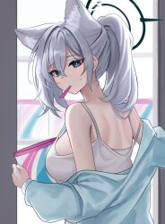 Rule 34 | 1girl, animal ears, blue archive, blue eyes, blue jacket, blush, breasts, camisole, dark halo, extra ears, grey hair, hair between eyes, halo, highres, jacket, large breasts, long hair, long sleeves, open clothes, open jacket, shiroko (blue archive), shiroko terror (blue archive), skyrain315, solo, upper body, white camisole, wolf ears