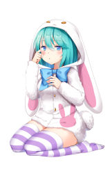 Rule 34 | 1girl, :o, :x, animal costume, animal ears, animal hood, bad id, bad pixiv id, blue bow, blue bowtie, blue eyes, blue hair, blush, bow, bowtie, buttons, douya (233), eyebrows, fake animal ears, fake tail, full body, hand on own chest, hatsune miku, highres, hood, horizontal-striped legwear, long hair, long sleeves, matching hair/eyes, parted lips, rabbit costume, rabbit ears, rabbit hood, rabbit tail, seiza, simple background, sitting, solo, striped clothes, striped thighhighs, tail, teardrop, tears, thighhighs, vocaloid, white background, wiping tears