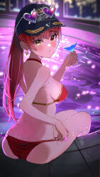 Rule 34 | 1girl, absurdres, adjusting clothes, adjusting swimsuit, ass, baseball cap, bikini, blush, breasts, cocktail glass, cup, drinking glass, earrings, eyewear on headwear, from behind, haru yu, hat, heart, heart-shaped eyewear, heart earrings, heterochromia, highres, holding, holding cup, hololive, houshou marine, houshou marine (summer), jewelry, large breasts, long hair, looking at viewer, looking back, official alternate costume, official alternate hairstyle, ponytail, pool, poolside, red bikini, red eyes, red hair, sideboob, sitting, solo, swimsuit, virtual youtuber, yellow eyes