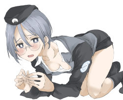 Rule 34 | 1girl, all fours, blue eyes, blue hair, blush, breasts, cleavage, downblouse, elf (stroll in the woods), girls und panzer, glasses, hanging breasts, hat, looking at viewer, matching hair/eyes, no bra, open mouth, round eyewear, rumi (girls und panzer), shoes, short hair, simple background, small breasts, solo, textless version, white background