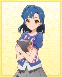 Rule 34 | 10s, 1girl, blue hair, book, idolmaster, idolmaster million live!, looking at viewer, nanao yuriko, official art, skirt, smile, solo, yellow eyes