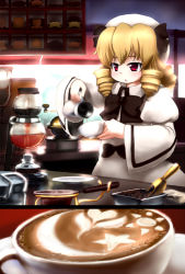 Rule 34 | 1girl, :&lt;, blonde hair, bow, cappuccino, coffee, coffee beans, coffee maker, contemporary, crescent, cup, drill hair, drink, female focus, hat, heart, kitchen, latte art, luna child, red eyes, short hair, solo, star (symbol), sun, touhou, tsubasa (abchipika), wide sleeves