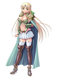 Rule 34 | 10s, 1girl, ankle boots, armor, belt, black thighhighs, blonde hair, blush, boots, bow, breastplate, breasts, bridal gauntlets, cape, circlet, cleavage, clenched hands, collar, elf, elysia (kyonyuu fantasy), fantasy, frills, frown, full body, garter belt, garter straps, gem, greaves, green eyes, hair bow, hair tubes, half updo, high heels, kyonyuu fantasy, kyonyuu fantasy 2, large breasts, long hair, long pointy ears, looking at viewer, midriff, miniskirt, multiple belts, navel, official art, parted bangs, pauldrons, pleated skirt, pointy ears, q-gaku, shiny clothes, shoulder armor, sidelocks, simple background, skirt, solo, standing, stiletto heels, thigh boots, thighhighs, vambraces, very long hair, white background, white thighhighs, zettai ryouiki