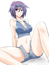 Rule 34 | 1girl, bare shoulders, blue eyes, blue panties, breasts, cleavage, hair between eyes, headgear, kagamimochi, large breasts, looking at viewer, midriff, navel, panties, purple hair, rei (tag force), shorts, solo, spread legs, underwear, unzipped, yu-gi-oh!, yu-gi-oh! tag force