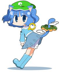 Rule 34 | 1girl, animal ears, ayu (iyokanya), bad id, bad pixiv id, blue eyes, blue hair, boots, cat ears, cat girl, cat tail, chibi, doughnut, female focus, food, hat, kawashiro nitori, kemonomimi mode, looking at viewer, matching hair/eyes, nichijou, parody, rubber boots, simple background, smile, solo, tail, touhou, twintails, two side up, white background, winding key