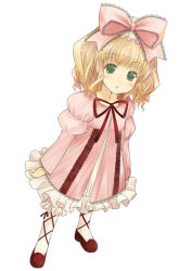 Rule 34 | 00s, 1girl, blonde hair, bloomers, bow, dress, dutch angle, expressionless, full body, hair bow, hinaichigo, looking at viewer, mizuki makoto, open mouth, petticoat, puffy sleeves, ribbon, rozen maiden, short hair, simple background, solo, standing, underwear