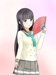 Rule 34 | 1girl, absurdres, aqua eyes, artist name, artist request, black hair, blunt bangs, blush, breasts, buttons, collarbone, fan, female focus, folding fan, green eyes, green neckerchief, green necktie, grey sailor collar, grey skirt, hair ornament, hairclip, hand fan, highres, holding, holding fan, kurosawa dia, layered skirt, long hair, long sleeves, looking at viewer, love live!, love live! sunshine!!, miniskirt, mole, mole under mouth, neckerchief, necktie, parted lips, plaid, plaid skirt, pleated, pleated skirt, sailor collar, school uniform, shirt, skirt, small breasts, smile, solo, sweater, tie clip, uranohoshi school uniform, white shirt, white sweater