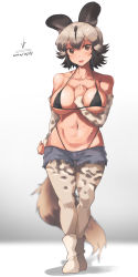 Rule 34 | 1girl, absurdres, african wild dog (kemono friends), african wild dog print, alternate breast size, animal ears, animal print, arm at side, arm between breasts, bare shoulders, between breasts, bikini, bikini under clothes, black bikini, black hair, boots, breasts, brown eyes, collarbone, colored inner hair, covered erect nipples, cutoffs, dated, denim, denim shorts, detached sleeves, dog ears, dog tail, full body, furrowed brow, grey hair, halterneck, hand up, highleg, highleg bikini, highleg swimsuit, highres, iparupua, kemono friends, large breasts, looking at viewer, lowleg, lowleg shorts, medium hair, micro bikini, multicolored hair, navel, open mouth, pantyhose, pantyhose under shorts, print pantyhose, print sleeves, shorts, signature, skindentation, smile, solo, stomach, strap gap, swimsuit, swimsuit under clothes, tail, thigh gap, two-tone hair, unaligned breasts, walking