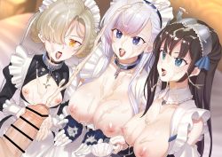 Rule 34 | 3girls, absurdres, apron, azur lane, bar censor, bed, belfast (azur lane), blonde hair, braid, breasts, breasts out, broken, broken chain, brown hair, censored, chain, cleavage, collar, cross, cum, cum in container, cum in cup, cum in mouth, cum on body, cum on breasts, cum on hair, cum on upper body, cup, cupping hands, detached collar, ejaculation, erection, facial, french braid, frilled apron, frills, gloves, hair over one eye, highres, holding, holding cup, juliet sleeves, large breasts, long hair, long sleeves, maid, maid apron, maid headdress, metal collar, multiple girls, newcastle (azur lane), nipples, open mouth, own hands together, penis, puffy sleeves, purple eyes, sheffield (azur lane), small breasts, supurai, teacup, tongue, tongue out, upper body, white apron, white gloves, white hair, yellow eyes