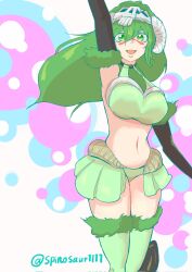 Rule 34 | 1girl, bleach, breasts, green eyes, green hair, highres, large breasts, long hair, looking at viewer, midriff, navel, nelliel tu odelschwanck, open mouth, revealing clothes, smile, solo, thighhighs