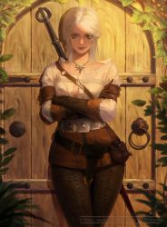 Rule 34 | belt, ciri, cowboy shot, crossed arms, door, gloves, green eyes, highres, jewelry, leather, leather belt, leather gloves, leather pants, looking at viewer, necklace, outdoors, pale skin, pants, pouch, sheath, sheathed, shirt, skin tight, smile, standing, sword, thaumazo, the witcher (series), the witcher 3, thigh gap, weapon, white hair