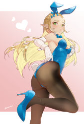 Rule 34 | 1girl, alternate costume, animal ears, artist name, ass, bare shoulders, blonde hair, blue bow, blue bowtie, blue footwear, blue leotard, blush, bow, bowtie, braid, breasts, brown pantyhose, closed mouth, commentary request, crown braid, detached collar, dororon1, elbow gloves, embarrassed, eyelashes, fake animal ears, fake tail, fishnet pantyhose, fishnets, floating hair, forehead, gloves, green eyes, hair bow, hair ornament, hairclip, hand up, heart, high heels, highres, leg up, leotard, letterboxed, long hair, looking at viewer, looking to the side, medium breasts, nintendo, pantyhose, parted bangs, pink background, playboy bunny, pointy ears, princess zelda, rabbit ears, rabbit tail, shoes, sidelocks, single braid, solo, standing, standing on one leg, strapless, strapless leotard, tail, the legend of zelda, the legend of zelda: breath of the wild, white gloves, wing collar, wrist cuffs