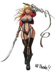 Rule 34 | 1girl, absurdres, black thighhighs, blonde hair, boots, breasts, commission, criss-cross halter, cropped jacket, cross-laced footwear, dark-skinned female, dark skin, dual wielding, facial mark, freshtrash, full body, garter straps, gluteal fold, halterneck, highres, holding, holding sword, holding weapon, jacket, katana, lace-up boots, large breasts, long hair, looking at viewer, open clothes, open jacket, original, revealing clothes, shiny skin, simple background, smile, solo, standing, sword, thigh gap, thighhighs, weapon, yellow eyes