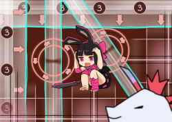 Rule 34 | 1girl, absurdres, animal ears, arrow (symbol), barefoot, black hair, black shirt, black skirt, blunt bangs, bow, capelet, commentary, cowering, english commentary, foot wraps, full body, hair bow, heavyblade rabbit, highres, laser, long hair, medium bangs, meme, not like this (meme), open mouth, pink bow, pink eyes, purple capelet, rabbit and steel, rabbit ears, rabbit girl, ranalie the mystic dragon, scared, shirt, skirt, solo, sword, tastelikenyan, truth, weapon