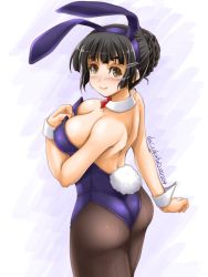 Rule 34 | 1girl, akimoto dai, animal ears, artist name, ass, black hair, black pantyhose, bow, bowtie, braid, braided bun, breasts, brown eyes, commentary request, cowboy shot, dated, detached collar, fake animal ears, from behind, hair bun, highres, kantai collection, large breasts, leotard, long hair, looking at viewer, myoukou (kancolle), one-hour drawing challenge, pantyhose, playboy bunny, purple leotard, rabbit ears, rabbit tail, red bow, red bowtie, single hair bun, solo, strapless, strapless leotard, tail, wrist cuffs
