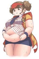 1girl belly belly_grab big_belly blunt_bangs breasts brown_eyes brown_hair buttons cropped_legs employee_uniform fast_food_uniform fat fat_woman highres imadake_dabuchi_tabemi mcdonald&#039;s medium_breasts microphone navel open_happi parted_lips partially_unbuttoned red_visor remon_(pixiv37028797) short_sleeves short_twintails shorts simple_background solo striped_clothes sweat thick_arms thick_thighs thighs twintails visor_cap weight_conscious wing_collar yellow_happi