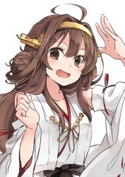 Rule 34 | 10s, 1girl, :d, ahoge, bare shoulders, brown eyes, brown hair, detached sleeves, double bun, hairband, headgear, japanese clothes, kantai collection, kongou (kancolle), long hair, nerokuro, nontraditional miko, open mouth, ribbon-trimmed sleeves, ribbon trim, simple background, smile, solo, white background, wide sleeves