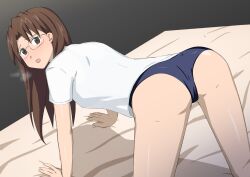 Rule 34 | 1girl, all fours, ass, azumanga daiou, blush, breasts, breath, brown eyes, brown hair, commentary request, glasses, hall onon, hands on bed, highres, long hair, looking at viewer, medium breasts, mizuhara koyomi, nervous, on bed, open mouth, school swimsuit, shiny skin, shirt, solo, swimsuit, swimsuit under clothes, white shirt