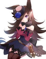 Rule 34 | 1girl, absurdres, animal ears, bare shoulders, black dress, black hat, blue flower, blue rose, brown hair, brown thighhighs, closed mouth, commentary request, dagger, dress, flower, hair over one eye, hands up, hat, hat flower, highres, horse ears, knife, kyomu (kyomu lwl), long hair, long sleeves, off-shoulder dress, off shoulder, purple eyes, rice shower (umamusume), rose, simple background, sitting, sleeves past wrists, smile, solo, thighhighs, tilted headwear, umamusume, very long hair, weapon, white background