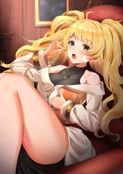 Rule 34 | 1girl, ahoge, blonde hair, breasts, cookie, eating, food, granblue fantasy, highres, large breasts, long hair, looking at viewer, monika weisswind, open mouth, sg (satoumogumogu), shorts, solo, twintails, wavy mouth, yellow eyes