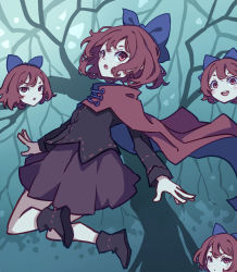 Rule 34 | 1girl, absurdres, black shirt, blue bow, bow, cape, cloak, disembodied head, floating head, forest, full body, hair bow, high collar, highres, kame (kamepan44231), long sleeves, looking at viewer, nature, outdoors, red cape, red cloak, red eyes, red hair, red skirt, sekibanki, shirt, short hair, skirt, solo, touhou, tree