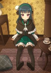 Rule 34 | 1girl, :o, blue hair, blush, boots, brown capelet, brown footwear, brown thighhighs, bun cover, capelet, cup, deadnooodles, fingernails, frilled capelet, frills, green hairband, green skirt, hair bun, hairband, highres, indoors, lamp, long hair, long sleeves, looking at viewer, love live!, love live! school idol festival, love live! sunshine!!, on floor, parted lips, pillow, pink eyes, pleated skirt, saucer, shirt, shoe soles, side bun, single hair bun, single side bun, sitting, skirt, soles, solo, table, teacup, thigh boots, thighhighs, tsushima yoshiko, white shirt