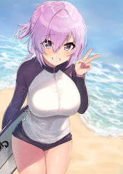 Rule 34 | 1girl, alternate costume, ayul (ayulneri 92), beach, blush, bodysuit, breasts, covered navel, diving suit, fate/grand order, fate (series), grin, hair over one eye, half updo, hand up, highres, large breasts, light purple hair, long sleeves, looking at viewer, mash kyrielight, purple eyes, raglan sleeves, short hair, smile, solo, surfboard, thighs, v, wetsuit