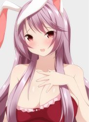 Rule 34 | 1girl, animal ears, artist request, bare shoulders, blush, breasts, cleavage, collarbone, dress, grey background, hand on chest, large breasts, long hair, long locks, looking at viewer, low cut top, open mouth, purple hair, rabbit ears, red dress, red eyes, reisen udongein inaba, shiny skin, smile, touhou, very long hair