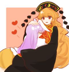 Rule 34 | 2girls, animal ears, bad id, bad pixiv id, black dress, blush, breast pillow, rabbit ears, chinese clothes, dress, closed eyes, hand on another&#039;s head, hat, heart, hug, junko (touhou), light purple hair, long hair, long sleeves, multiple girls, open mouth, orange hair, puffy sleeves, red eyes, reisen udongein inaba, shirt, short sleeves, skirt, smile, tabard, tama (hiroshige 36), touhou, turtleneck, wide sleeves