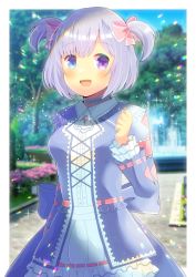 Rule 34 | 1girl, :d, blue choker, blue dress, blue eyes, blurry, blurry background, bow, breasts, center frills, choker, collared dress, commentary request, commission, copyright request, day, depth of field, dress, fountain, frills, grey hair, hair bow, hand up, heterochromia, kou hiyoyo, long sleeves, looking at viewer, medium breasts, multicolored hair, open mouth, pink bow, purple eyes, short hair, skeb commission, smile, solo, tree, two-tone hair, water
