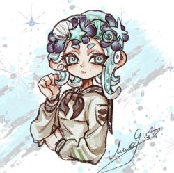 Rule 34 | 1girl, black neckerchief, blue eyes, blue hair, closed mouth, commentary, earrings, film grain, hand up, head wreath, jewelry, light blue hair, long hair, long sleeves, neckerchief, nintendo, octoling, octoling girl, octoling player character, sailor collar, seashell, shell, shell earrings, shirt, solo, splatoon (series), suction cups, symbol-only commentary, tentacle hair, thenintlichen96, white shirt