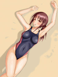 Rule 34 | 10s, 1girl, armpits, blush, breasts, brown eyes, brown hair, competition swimsuit, covered navel, hands up, highleg, highleg swimsuit, hitofudegaki uragi, hitofudegaki usagi, idolmaster, idolmaster cinderella girls, long hair, lying, mifune miyu, on back, one-piece swimsuit, open mouth, skin tight, solo, swimsuit, wet