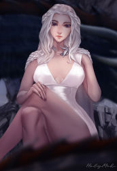 Rule 34 | 1girl, a song of ice and fire, artist name, black nails, blue eyes, braid, breasts, cape, closed mouth, crossed legs, crown braid, daenerys targaryen, dress, eyelashes, feet out of frame, fingernails, game of thrones, hand on own knee, hand on own shoulder, highres, holy meh, jewelry, lips, long hair, looking at viewer, nail polish, parted bangs, ring, signature, sitting, small breasts, solo, thighs, white dress, white hair
