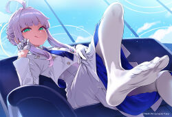 Rule 34 | 1girl, :q, ahoge, asanagi, blue archive, blue necktie, commentary request, couch, crossed legs, feet, gloves, green eyes, hair bun, kaya (blue archive), looking at viewer, necktie, official art, on couch, pantyhose, pink hair, single hair bun, sitting, skirt, solo, tongue, tongue out, white gloves, white pantyhose, white skirt