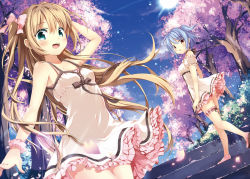 Rule 34 | 2girls, arm up, bare shoulders, blonde hair, blue hair, blue sky, blurry, blush, bow, breasts, bridal garter, brown eyes, cherry blossoms, chiyingzai, choker, cleavage, collarbone, day, depth of field, dress, dutch angle, green eyes, long hair, looking at viewer, multiple girls, no panties, open mouth, original, outdoors, petals, purple hair, ribbon choker, short hair, sky, sleeveless, sleeveless dress, small breasts, smile, stairs, thigh strap, twintails, two side up