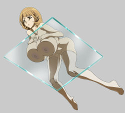 Rule 34 | 10s, 1girl, against glass, all fours, blonde hair, breast press, breasts, breasts on glass, brown eyes, brown hair, don (rg06268), full body, glass, grey background, huge breasts, narusawa ryouka, nipples, nude, occultic;nine, open mouth, short hair, simple background, thighhighs, yellow eyes