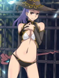Rule 34 | 1girl, bikini, blue hair, breasts, detached sleeves, dungeon, hat, looking at viewer, majokko youheidan, ponytail, prison cell, purple hair, smile, solo, staff, standing, swimsuit, thigh gap, witch, witch hat