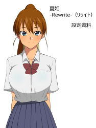 Rule 34 | 1girl, arms behind back, blue eyes, bow, bowtie, brown hair, commentary request, hair ribbon, high ponytail, highres, kagemusha, looking at viewer, original, pleated skirt, ponytail, red bow, ribbon, school uniform, skirt, solo, tan, translation request, yellow ribbon
